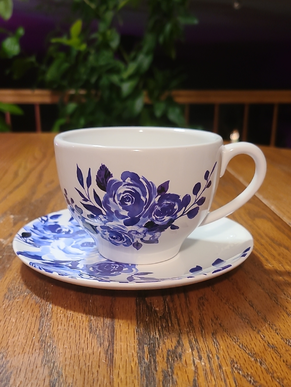 White Teacup & Saucer with Blue Rose Floral Pattern